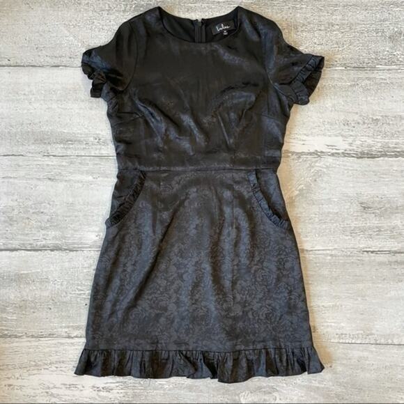 Lulus Black Short Dress Medium Pockets Ruffle Embossed Roses - Picture 3 of 12